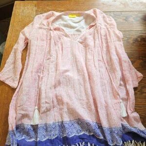 Roberta Roller Rabbit pink,blue&white ombre tassle swimsuit cover up dress sz XS